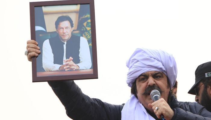 PTIs candidate for KP CM Ali Amin Gandapur at a partys public gathering against rigging in elections. — X/@PTIPeshawar