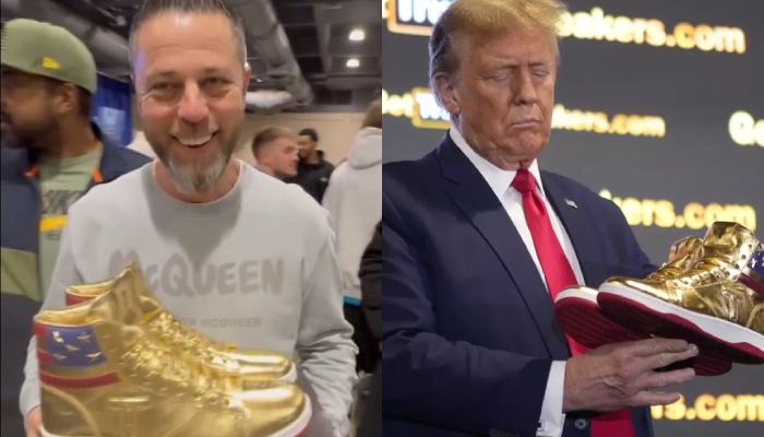 This combination of images shows a screengrab of a video where the CEO of Luxury Bazaar Roman Sharf (left) talks to a crowd showing his Trump sneakers and Donald Trump holding the sneakers on stage at Sneaker COn in Philadelphia, US, on February 18, 2024. — X/@JackPosobiec, AFP/File