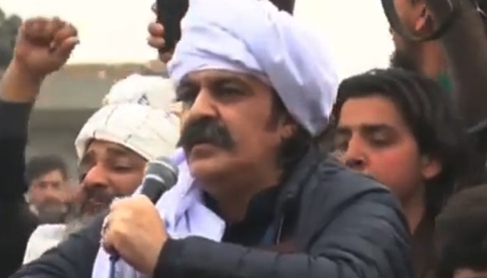 PTI chief minister nominee for Khyber PakhtunkhwaAli Amin Gandapur is seen speaking in this still taken from a video. — YouTube/Geo News Live
