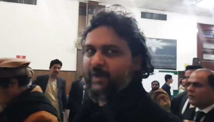 PTI Senator Faisal Javed speaks to reporters in Peshawar, on February 19, 2024, in this still taken from a video. — Geo News