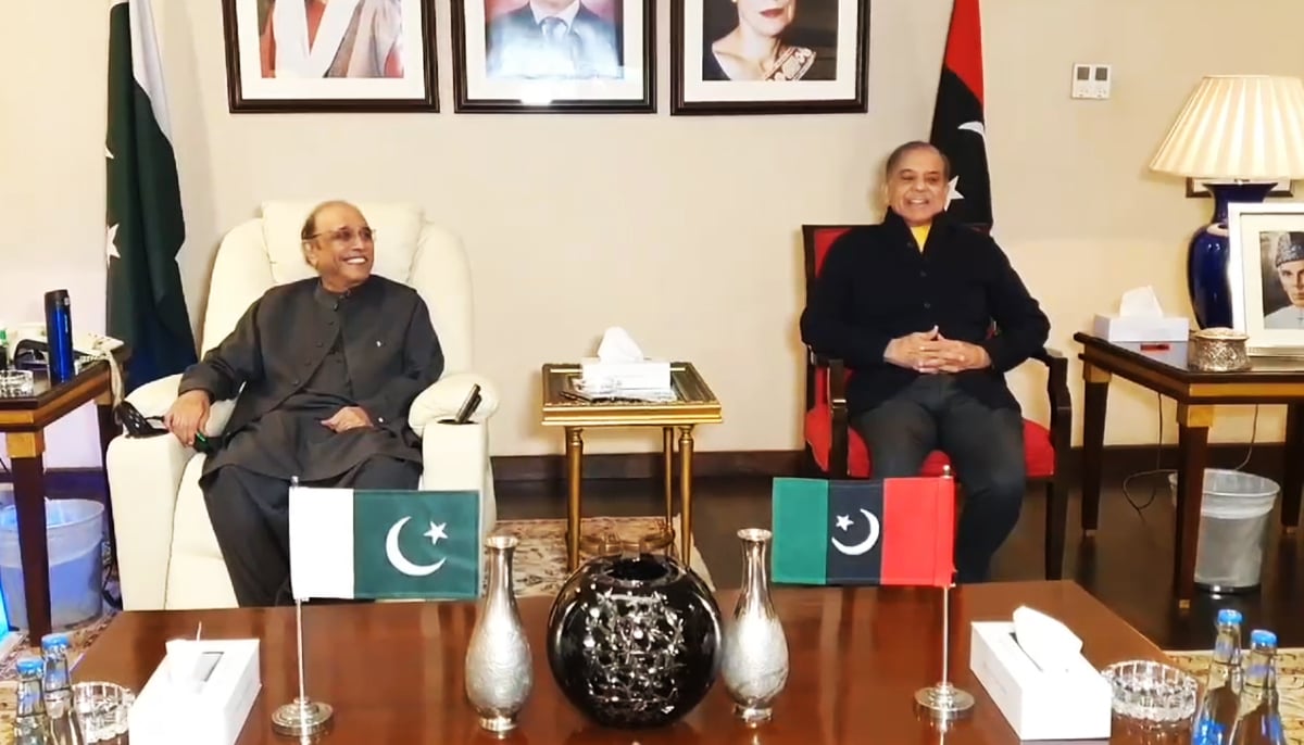 PML-N President Shehbaz Sharif (right) and PPP Co-chairman Asif Ali Zardari during a meeting in Islamabad, on February 19, 2024, in this still taken from a video. — PML-N