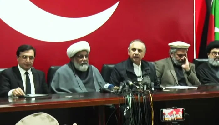 Pakistan Tehreek-e-Insaf and Sunni Ittehad Council leaders address a press conference in Islamabad, on February 19, 2024, in this still taken from a video. — YouTube/GeoNews