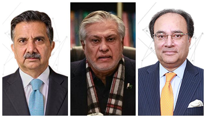 (L-R) Combo shows Chairman HBL Board of Directors, Sultan Ali Allana, PML-N Senator Ishaq Dar and  HBL President and CEO Muhammad Aurangzeb. — APP/HBL website