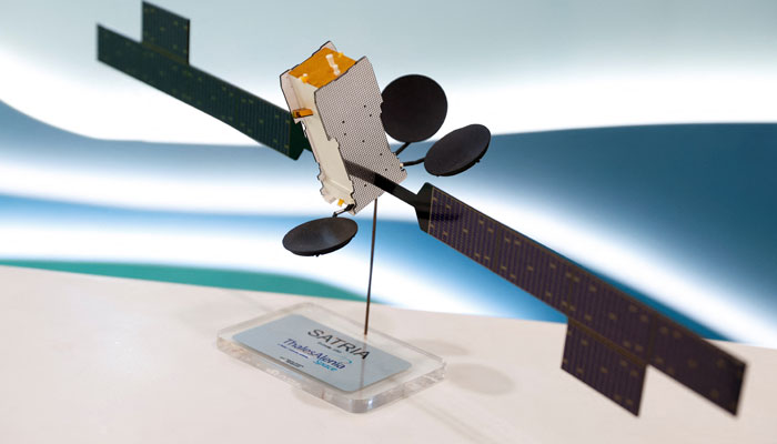 A model of 4.5-tonne Satellite of the Republic of Indonesia (SATRIA-1) is shown in the office of Pasifik Satelit Nusantara in Jakarta, Indonesia, January 15, 2024. — Reuters
