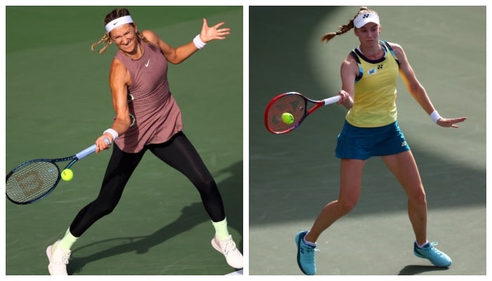 Belarus Victoria Azarenka (left) and Kazakhstans Elena Rybakina in action at Dubai Tennis Championships - Dubai Duty Free Tennis Centre, Dubai, on February 20, 2024. — Reuters