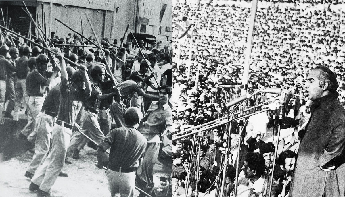 PPP supporters clash with police in Rawalpindi in 1978 (left) and PPP Founder Zulfikar Ali Bhutto addressing a public gathering in an undated photo. — The Friday Times