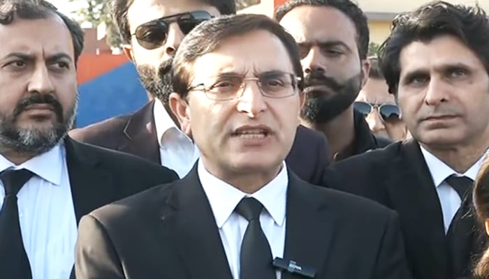 Former PTI chairman Barrister Gohar speaking to journalists in Islamabad on February 20 in this still taken from a video. — GeoNews/YouTube