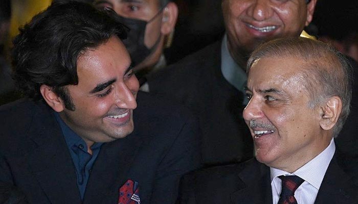 PPP Chairman Bilawal Bhutto-Zardari (left) and PML-N President Shehbaz Sharif speak in Islamabad, on April 7, 2022. — AFP/File