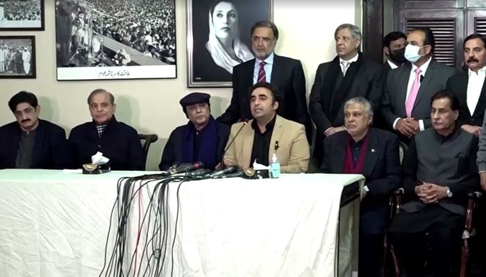 News conference by former prime minister Shehbaz Sharif, Pakistan Peoples Party (PPP) Chairman Bilawal Bhutto Zardari, former president Asif Ali Zardari and other political leaders. —Screengrab