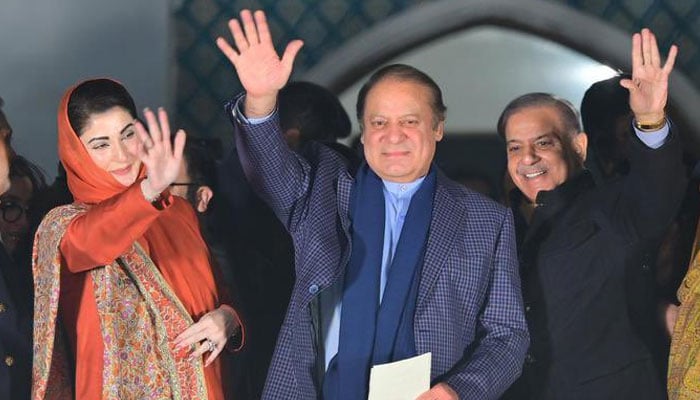 The PML-N leadership, including Maryam Nawaz (left), Nawaz Sharif and Shehbaz Sharif, was photographed in Lahore on February 9, 2024. — X/@pmln_org