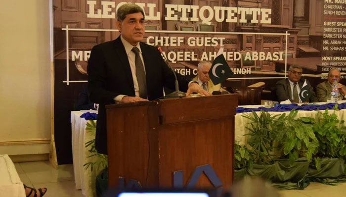 Sindh High Court Chief Justice Aqeel Ahmed Abbasi speaks during a public event in this image released on March 14, 2018. — Facebook/Themis School of Law