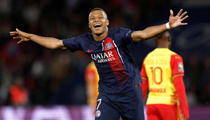 Paris St Germains Kylian Mbappe celebrates scoring their third goal during the Ligue 1 match against RC Lens at Parc des Princes in Paris, France on August 26, 2023. — Reuters