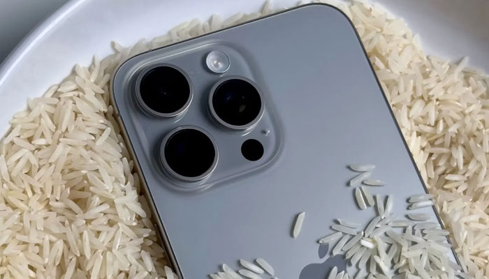 An iPhone placed on a plate of uncooked rice. — X/@theapplehub