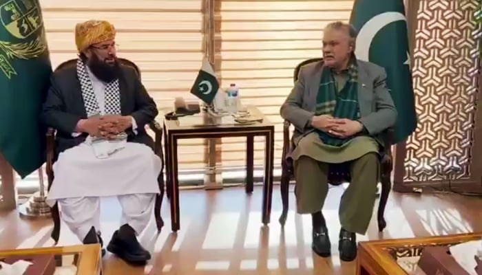 JUI-F leader Maulana Ghafoor Haideri (left) and PML-N leader Ishaq Dar meet in Islamabad, on February 21, 2024, in this still taken from a video. — XMIshaqDar50