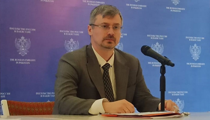 Russian Ambassador to Pakistan Albert Khorev addresses a press briefing in Islamabad on February 21, 2024. — X/@RusEmbPakistan