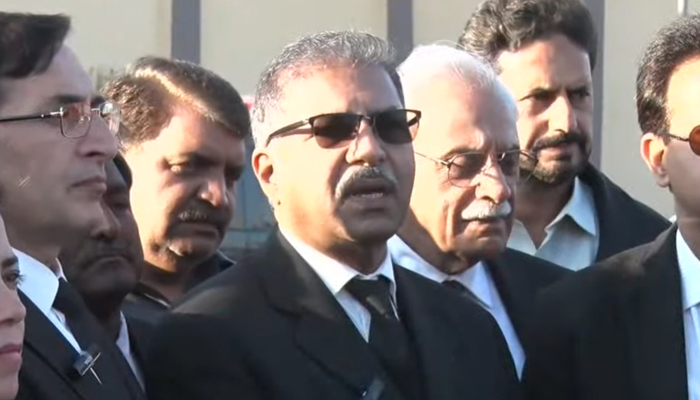 PTI leader Senator Ali Zafar addressing the media outside Adiala Jail in Rawalpindi in this still taken from a video on February 22, 2024. — YouTube/GeoNews