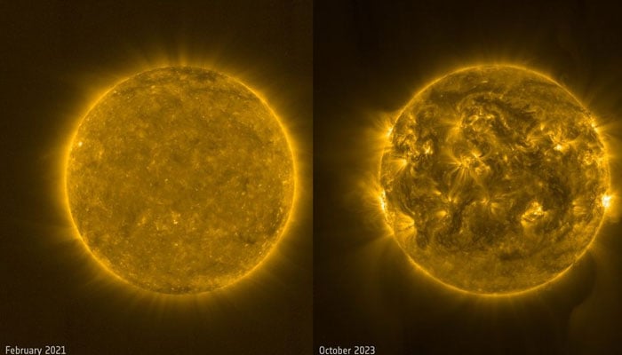 Two views of the sun as seen by ESAs solar orbiter; one in February 2021 (left), and another in October 2023 (right). —ESA & NASA