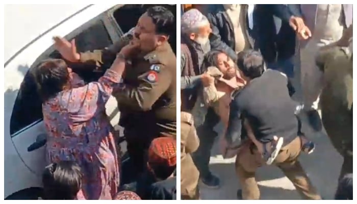 Cop slapping woman and a suspect being taken away to police station from outside Taxilas court in these undated photos taken from a video. — Reporter