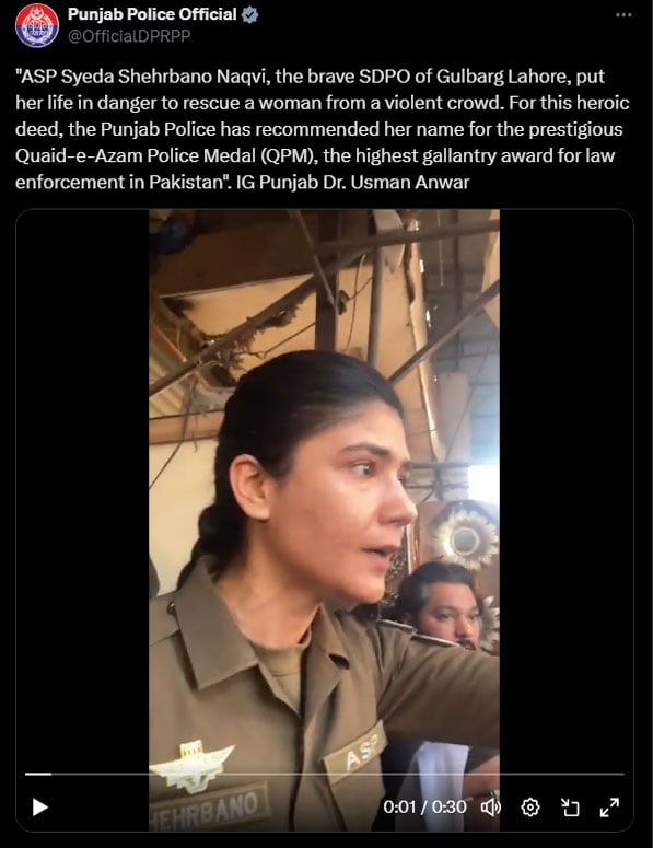 A screenshot of a post by Punjab Police on X shows ASP Shehrbano addressing the charged crowd. — X/@OfficialDPRPP