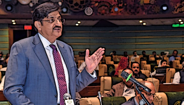 Murad Ali Shah addressing a session of the Sindh Assembly in this illustration. — Geo.tv