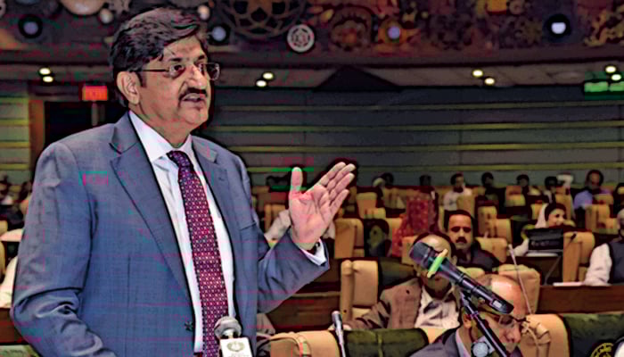 Murad Ali Shah addressing a session of the Sindh Assembly in this illustration. — Geo.tv