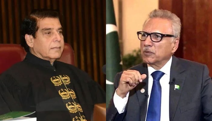 National Assembly Speaker Raja Pervez Ashraf (left) and President Dr Arif Alvi. — X/@NAofPakistan PID/File