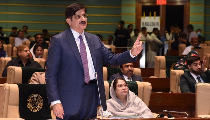 Sindh Chief Minister-elect Syed Murad Ali Shah speaks during the provincial assemblys session on February 27, 2024. — Facebook/Syed Murad Ali Shah