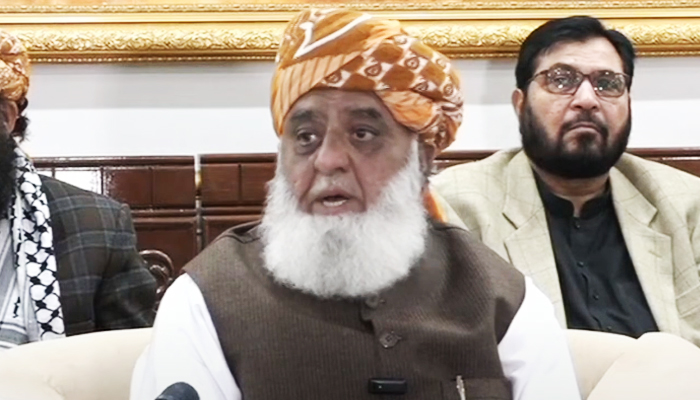 JUI-F chief Maulana Fazlur Rehman addresses a press conference in Peshawar on February 27, 2024, in this still taken from a video. — Geo News