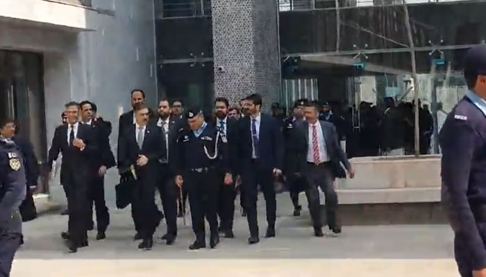 Caretaker Prime Minister Anwaarul Haq Kakar arrives at the Islamabad High Court on February 28, 2024, in this still taken from a video. — YouTube/Geo News Live