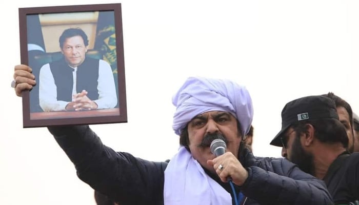 Khyber Pakhtunkhwa CM-designate and PTI leader Ali Amin Gandapur addresses a public gathering in this undated photo. — Facebook/AliAminKhanGandapurPti