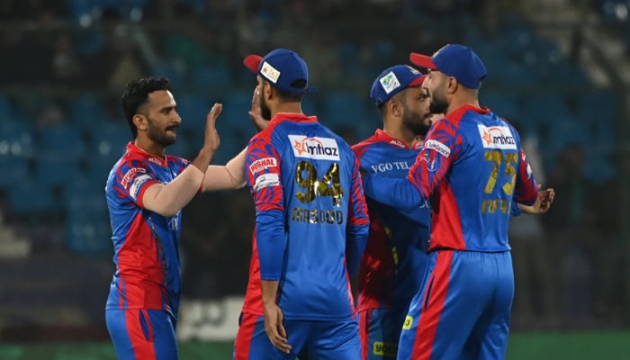 Karachi Kings players celebrate after taking a wicket. — X/@KarachiKingsARY