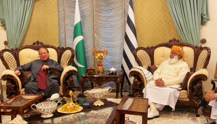 JUI-F Emir Maulana Fazlur Rehman (right) during a meeting with PML-N supremo Nawaz Sharif in Islamabad, on March 1, 2024, in this still taken from a video. — X/@juipakofficial