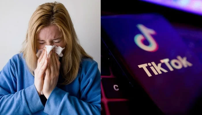 This combination of images shows a sick woman blowing her nose into a tissue and the TikTok logo displayed on a smartphone. — Reuters/File