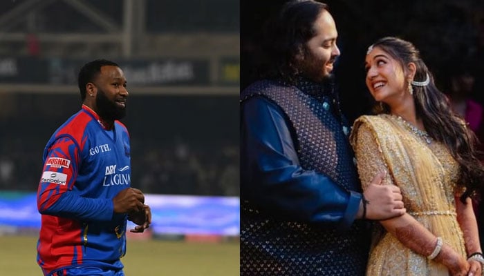 Karachi Kings Kieron Pollard (left) and Anant Ambani and Radhika Merchant. — PSL/Reuters