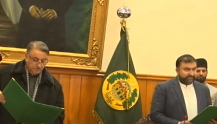 Balochistan Governor Abdul Wali Kakar administers oath to Sarfraz Bugti as provinces chief minister at the Governor House on March 2, 2024, in this still taken from a video. — YouTube/PTV News Live