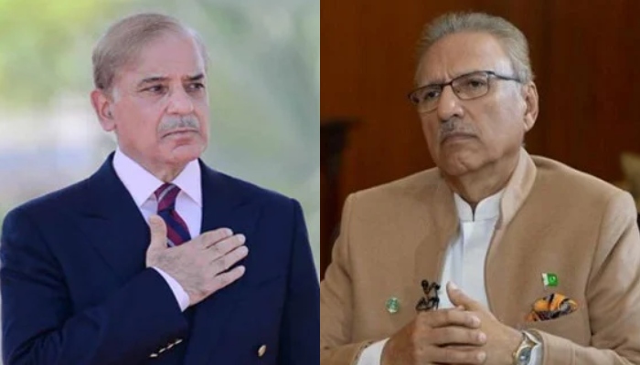 Prime minister nominee Shehbaz Sharif (left) and President Arif Alvi (right). — X/pmln_org/BBC Urdu
