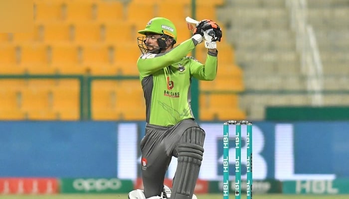 Rashid Khan hits a shot during a match against Islamabad United at Sheikh Zayed Stadium in Abu Dhabi, on June 9, 2021. — Twitter/PSL