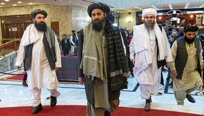 Mullah Abdul Ghani Baradar, the Talibans deputy leader and negotiator, and other delegation members attend the Afghan peace conference in Moscow, Russia March 18, 2021. — Reuters