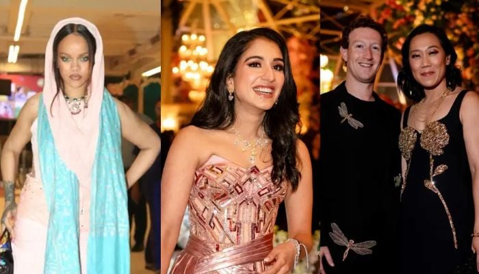 Rihanna, Radhika Merchant, Mark Zuckerberg and Priscilla Chan at the Ambani wedding celebrations. — Reuters/File