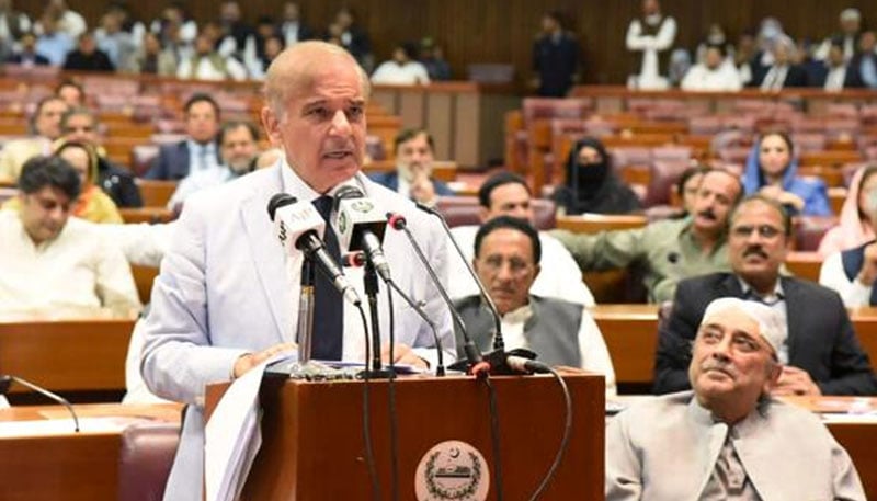 Pakistans prime minister, Shehbaz Sharif, addresses the National Assembly after his election on Monday, April 11. — AFP