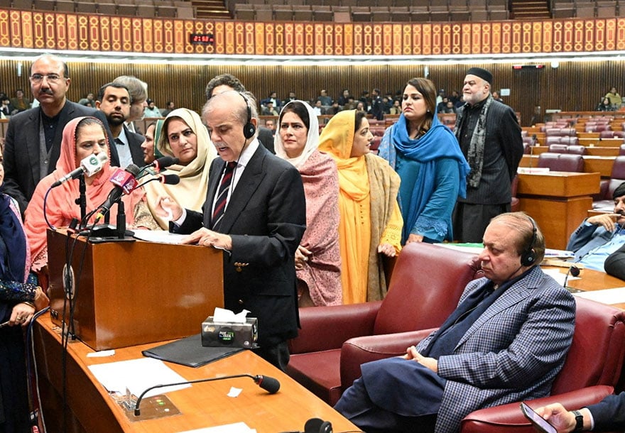 Newly elected Prime Minister Shehbaz Sharif delivers a speech in the National Assembly after being elected as premier for a second term in Islamabad on March 03, 2024. —National Assembly