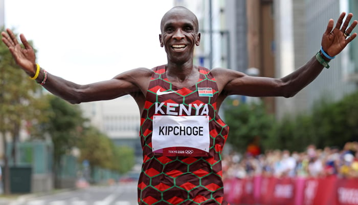 Kipchoge celebrates his Olympic marathon victory in Sapporo. - Reuters