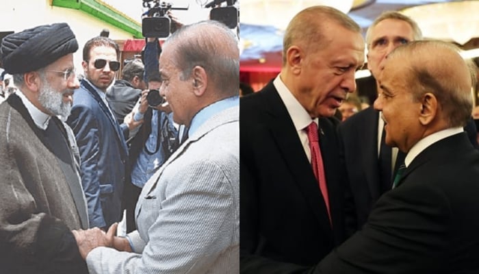 Prime Minister Shehbaz Sharif can be seen with Irans President Ebrahim Raisi (left) and Turkeys President Recep Tayyip Erdogan. — APP/File