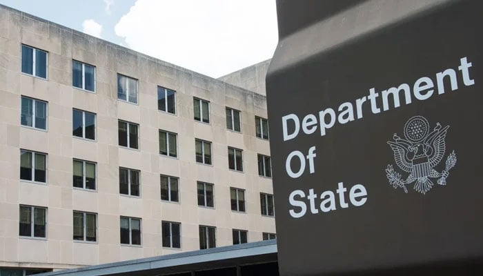 US State Departments logo outside a building in this undated picture. — AFP/File