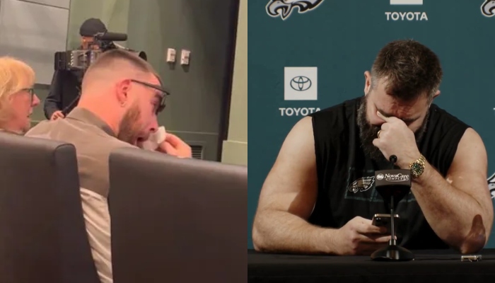 This combination of screengrabs from videos of Kansas City Chiefs tight end Travis Kelce (left) and ex-Philadelphia Eagles centre Jason Kelce wiping away tears during Jasons NFL retirement speech. — X/@EliotShorrParks, @Eagles