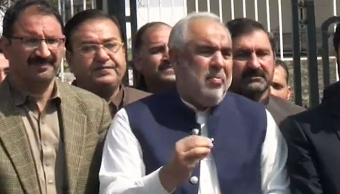 Pakistan Tehreek-e-Insaf (PTI) leader Asad Qaiser speaking to media persons in Islamabad on Tuesday, March 4, 2024. — YouTube screengrab/Geo News Live