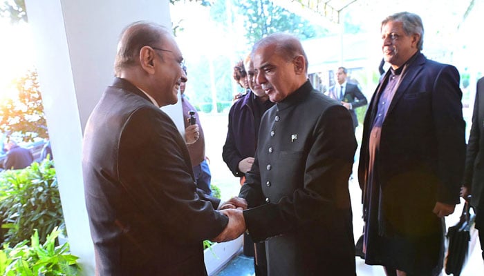 PPP Co-chairman Asif Ali Zardari meets Prime Minister Shehbaz Sharif at the PM Office after the latter assumed office. APP