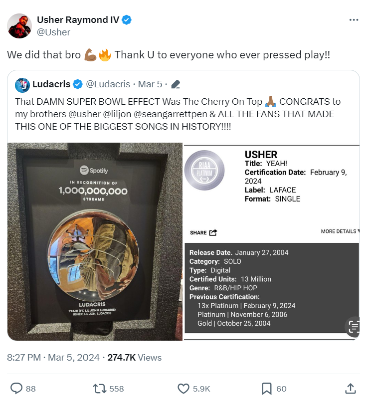 Usher, Ludacris celebrate song Yeah! milestone