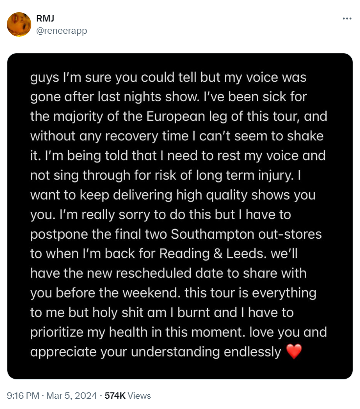 Renee Rapp makes difficult decision to postpone concert amid health crisis