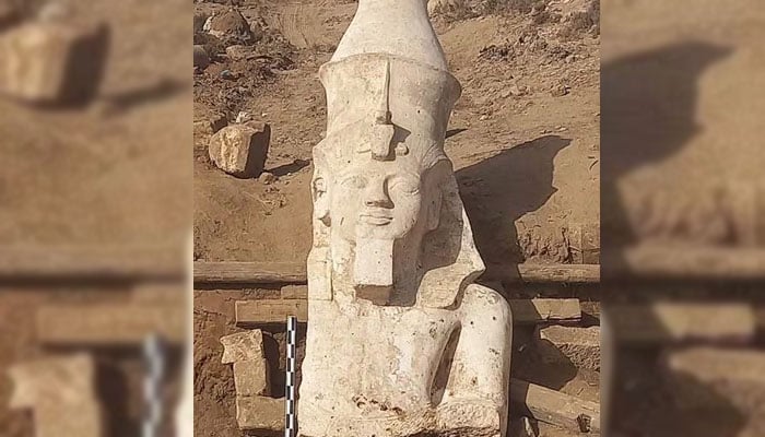 A section of a limestone statue of Ramses II was unearthed by an Egyptian-US archaeological mission in El Ashmunein, south of the Egyptian city of Minya, Egypt in this handout image released on March 4, 2024. —Reuters